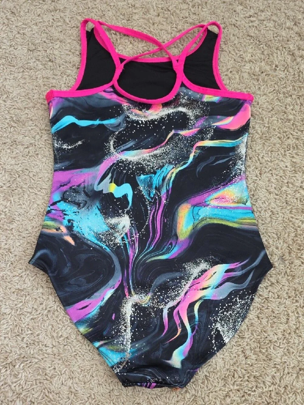 Justice Girls Neon Marble One-Piece with Pink Trim